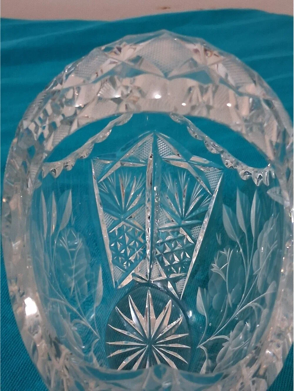 Vintage Cut Glass Crystal Basket with Floral Etching